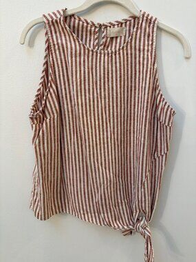 Altar'd State Tan & White Striped Sleeveless Top With Side Tie & Button Back Det